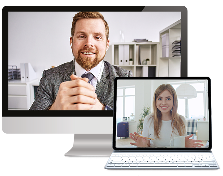 man and woman on computer meeting